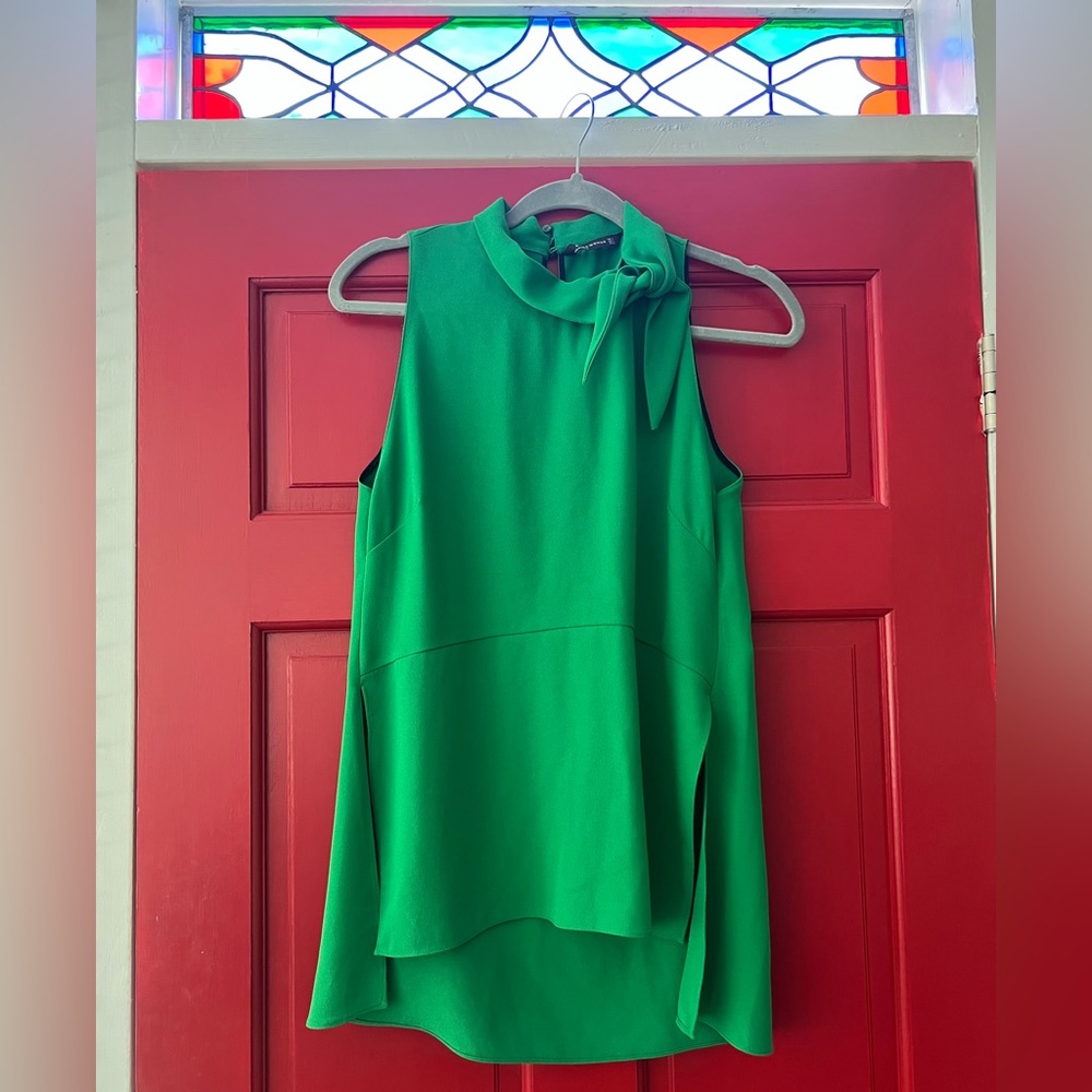 Zara high neck tie blouse in emerald green